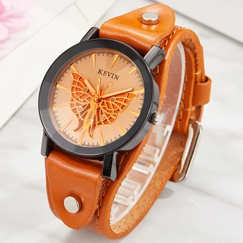 

Retro KEVIN Mens Watches Butterfly Arabic Numerals Dial Quartz Male Wristwatch Vintage Animal Leather Steel Relogio Masculino