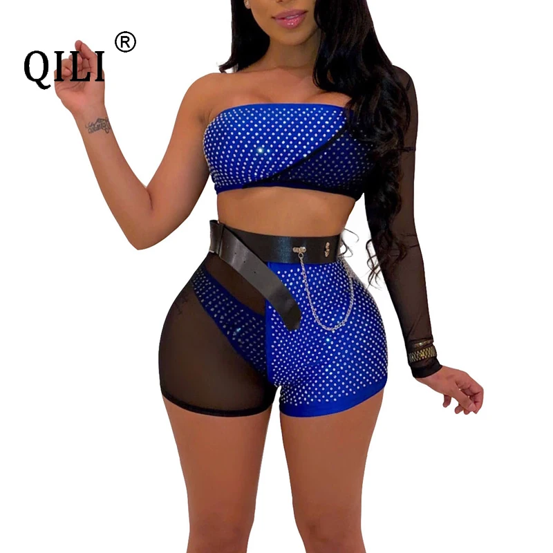 QILI Women One Shoulder Diamonds Rhinestone Oufits Mesh Patchwork 3 Piece Set Sexy Suits Top+Short +Panties Womens Outfits
QILI Women One Shoulder Diamonds Rhinestone Oufits Mesh Patchwork 3 Piece Set Sexy Suits Top+Short +Panties Womens Outfits
