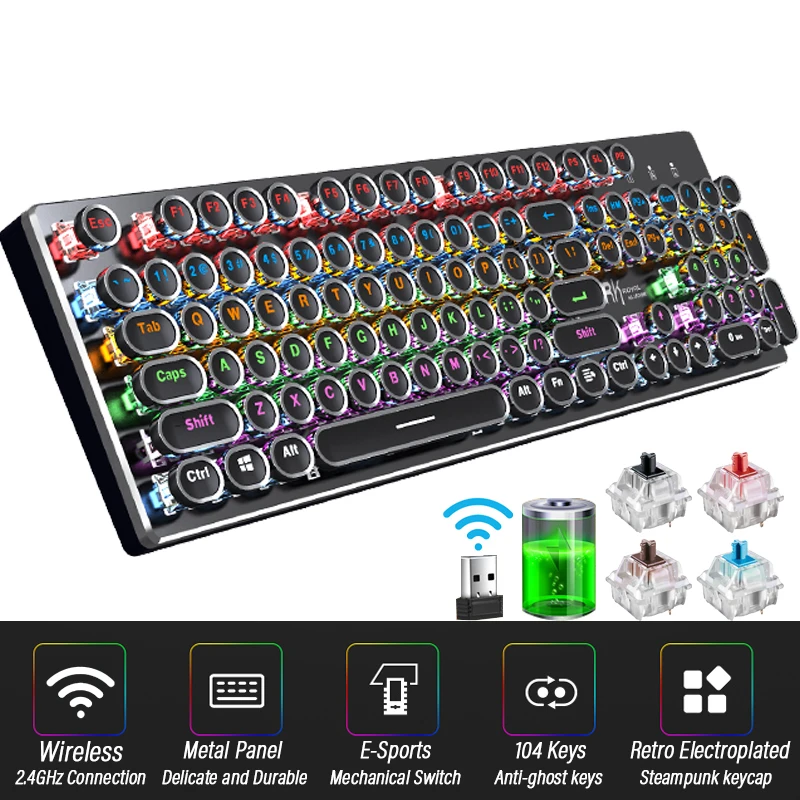 Wireless Retro Punk Mechanical Keyboard English Layout 104-Keys Backlit Anti-Ghosting Gaming Keyboard Blue/Black/Tawny Switch
Wireless Retro Punk Mechanical Keyboard English Layout 104-Keys Backlit Anti-Ghosting Gaming Keyboard Blue/Black/Tawny Switch