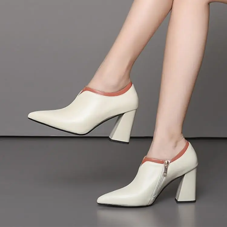 Fall/winter women's bare boots pointed thick heel high heels color matching zipper deep single toe layer cowhide 8.5cm
Fall/winter women's bare boots pointed thick heel high heels color matching zipper deep single toe layer cowhide 8.5cm