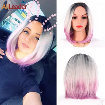 Alileader Short Straight Wig Synthetic Ombre Short Synthetic Wigs Shoulder-Length Short Bob Platinum Blonde Wig With Natural