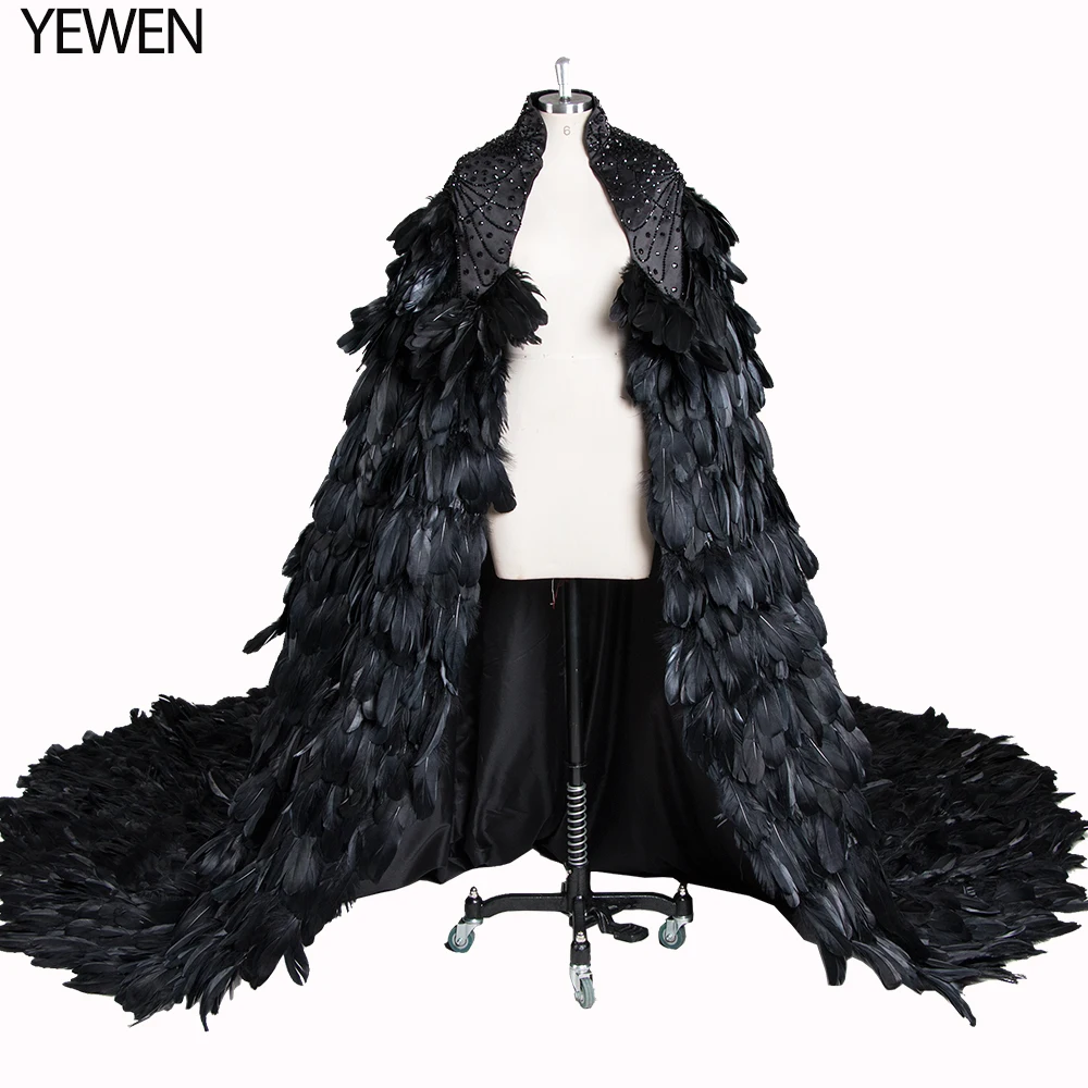 

Feathers Gorgeous Black Long Prom Cape Robe YEWEN Crystals Wedding Jacket Elegant Fancy Photography Props Robe De Soire