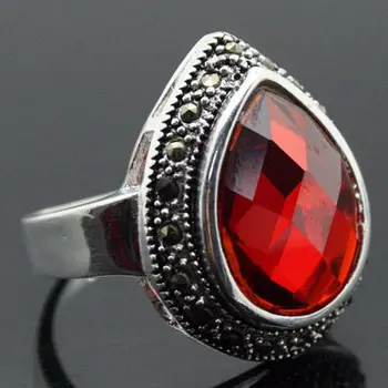 

wholesale good nice design lady's 925 SILVER 25*20mm FACETED RED RUBY MARCASITE DROP RING SIZE 7/8/9/10