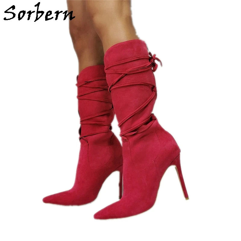 

Sorbern Mid Calf Boots Women High Heel Pointy Toes Stilettos Lace Up Shoes For Women Vintage Shoes Faux Suede Footwear Unisex