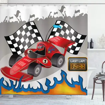 Kids Decor Shower Curtain Race Car with Finish Line Flags Pilot and Flames with Abstract Gray Background Bathroom Decor Set
Kids Decor Shower Curtain Race Car with Finish Line Flags Pilot and Flames with Abstract Gray Background Bathroom Decor Set