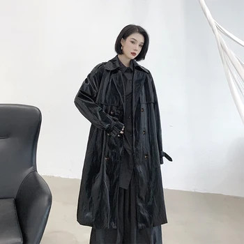 Oversized double breasted pu leather jackets female over the knee longer black motor fashion pu leather coat with belt F854
Oversized double breasted pu leather jackets female over the knee longer black motor fashion pu leather coat with belt F854