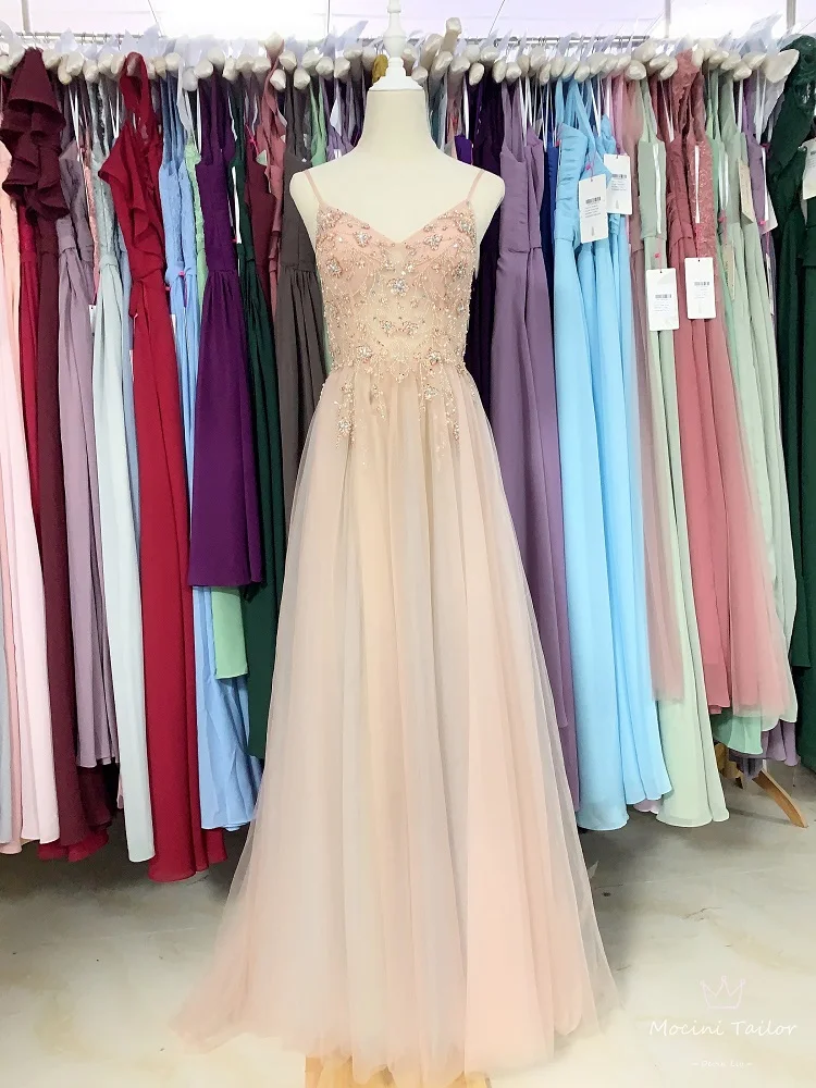 

Light pink tulle Evening Dress 2020 different luckgirls pleated v-neck beaded sleeveless Customizable fashion Moncini Tailor