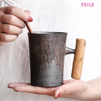 

300ml Vintage Crude Ceramic Coffee Mug Tumbler Rust Glaze With Wooden Handgrip Tea Milk Beer Water Cup Home Office Drinkware