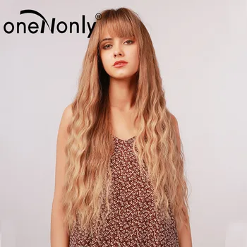 

oneNonly Ombre Brown Synthetic Wigs Long Kinky Curly with Bangs Wigs for White Black Women Glueless Free Shipping Natural Wigs