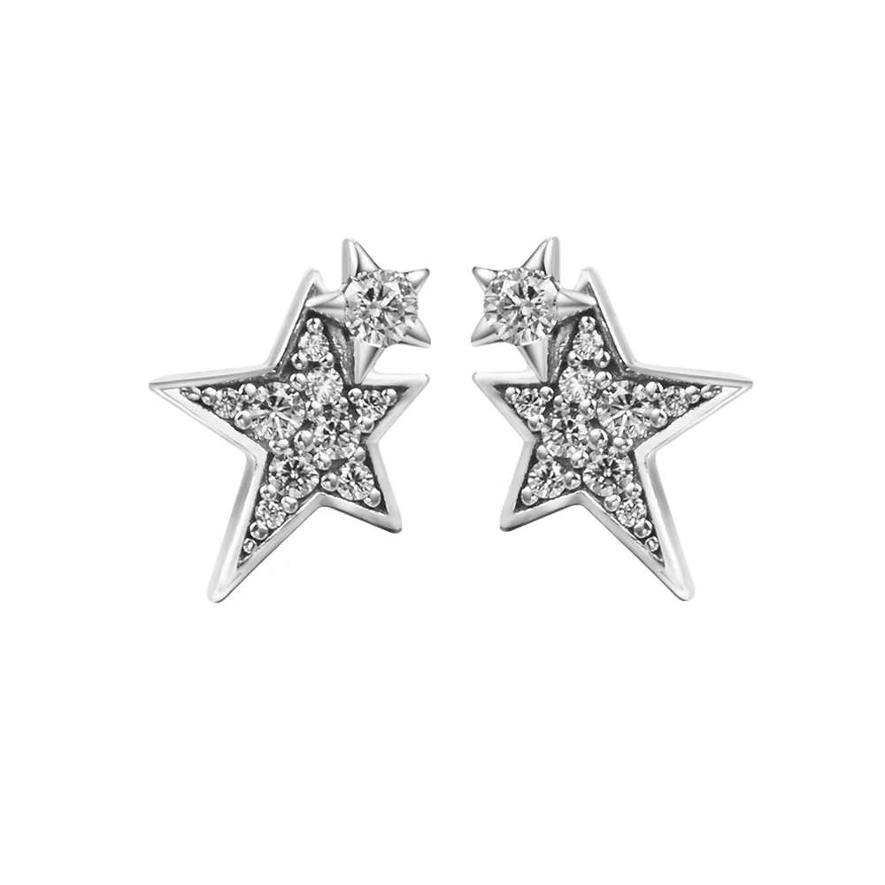 

2021 New 925 Sterling Silver Sparkling Asymmetric Stars Stud Earrings for Women Wedding Jewelry Gift Ear Brincos Bijoux