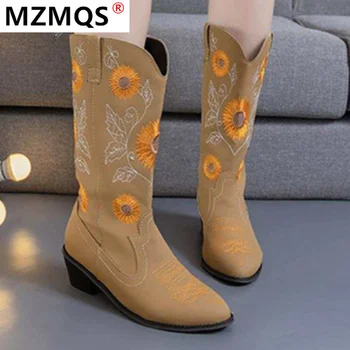 

2020 Winter Women's Boots Fashion Put-on Mid-Calf Boots Comfortable Low-heeled Round-Toe Square Heel Embroidered PU Women Boots