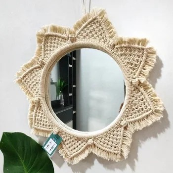 

Hanging Wall Mirror With Fringe Nordic Boho Decor Mirrors Art Ornament Hand-made Tapestry Mirror For Home Decoration Accessories