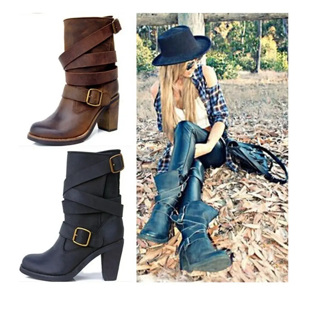 

Round Toe Buckle Leather Boots Brown Super Motorcycle Women High Heels Ankle Boots Cowboy Boots Shoes Hot Selling