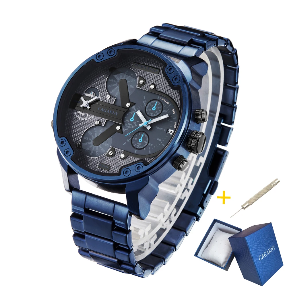 

Top Brand Cagarny Mens Watches Classic Business Men's Quartz Wrist Watch Blue Stainless Steel Big Dial Men Wristwatch reloj XFCS
