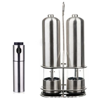 Electric Pepper Mill,Stainless Steel Olive Oil Sprayer Pepper Grinder Set,with Metal Stand,for Cooking Kitchen Tool 
Electric Pepper Mill,Stainless Steel Olive Oil Sprayer Pepper Grinder Set,with Metal Stand,for Cooking Kitchen Tool