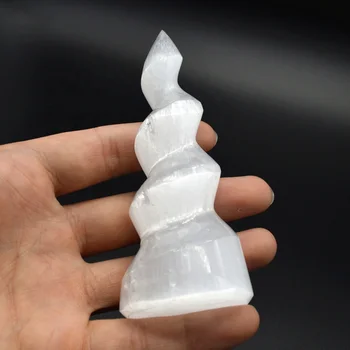 

1pc 10 cm hand polished natural carved decorative home healing white selenite quartz twisted tower wand