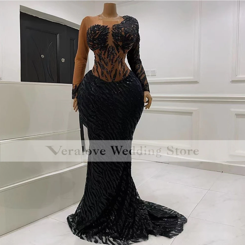 

robe de soirée femme for Black Girl Sexy Illusion Sequins Lace Prom Dress Mermaid Long Sleeves African Occasion Party Gowns