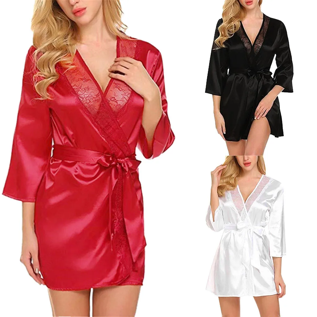 

Ladies Sexy Silk Sleepwear Satin Nightgown V-neck Nightdress Slip Nighties Summer Night Dress Lace Night Gown Lingerie For Women