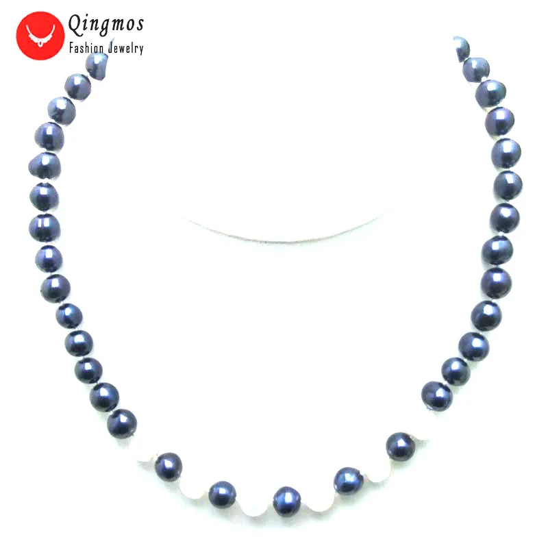 

Qingmos 6-7mm Round Natural Freshwater Black Pearl Necklace for Women with White Pearl Pendant Necklace Chokers 17" Jewelry