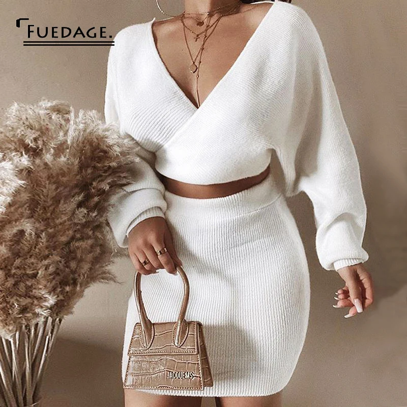 Fuedage Spring Sexy Two Piece Set Women V Neck Batwing Sleeve Hollow Out 2 Knitting Party Outfits |