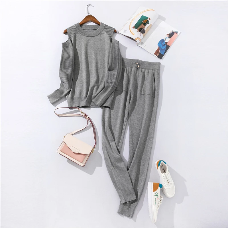 Woman Autumn Winter Sweater Suits Knit Tracksuits Cold Shoulder Sweater +Drawstrings Elastic Pants Two Piece Sets Outfits New
Woman Autumn Winter Sweater Suits Knit Tracksuits Cold Shoulder Sweater +Drawstrings Elastic Pants Two Piece Sets Outfits New