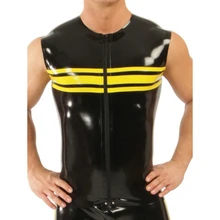 Black And Yellow Trims Sexy Latex Vest Shirt With Horizontal Stripes Front Zipper Sleeveless Rubber Clothing YF-0257 
Black And Yellow Trims Sexy Latex Vest Shirt With Horizontal Stripes Front Zipper Sleeveless Rubber Clothing YF-0257