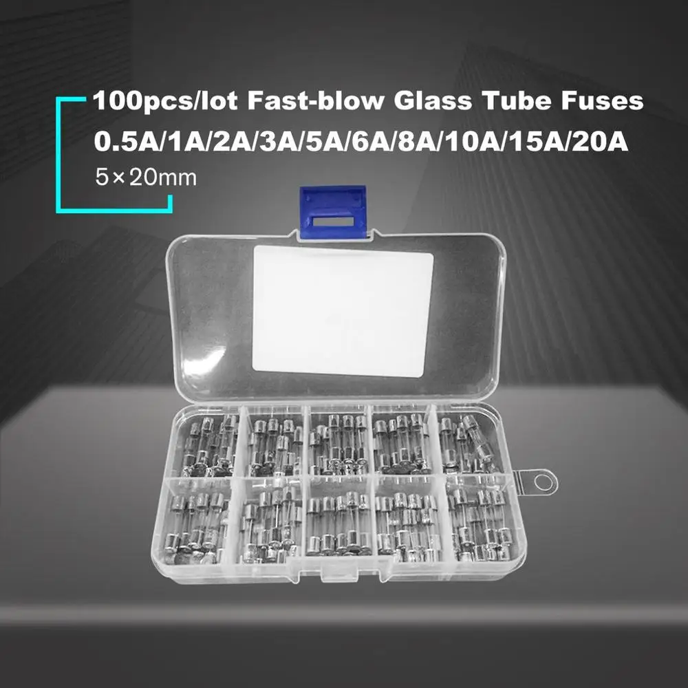 100PCS 5x20mm Fast Blow Fuse Glass Tube Fuse Assorted Mixed Kit Insurance Tube 0.5A/1A/2A/3A/5A/6A/8A/10A/15A/20A
100PCS 5x20mm Fast Blow Fuse Glass Tube Fuse Assorted Mixed Kit Insurance Tube 0.5A/1A/2A/3A/5A/6A/8A/10A/15A/20A