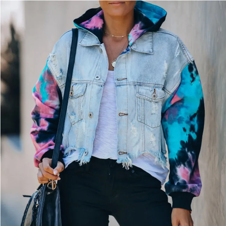 European and American popular women's denim jacket color matching tie dye broken hole tassel women's denim jacket
European and American popular women's denim jacket color matching tie dye broken hole tassel women's denim jacket