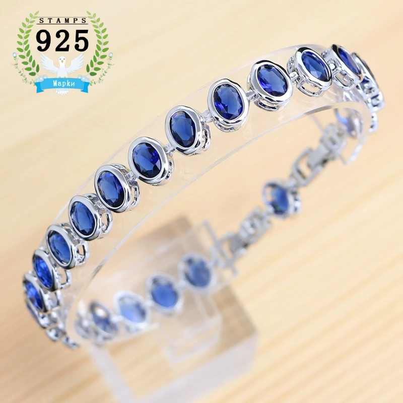 

19cm+2cm Adjustable Length Bracelet 925 Sterling Silver Sapphire Bracelet for Woman Bride Birthday Gift for Girlfriend Gift Box