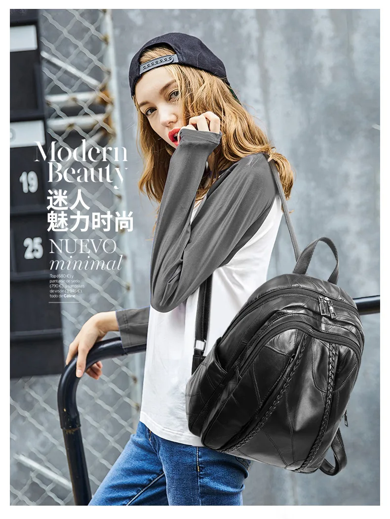 Genuine Leather Sheepskin Backpacks Female Both Shoulders Backpack Rucksack Large Capacity Travel Preppy Style Women Bags