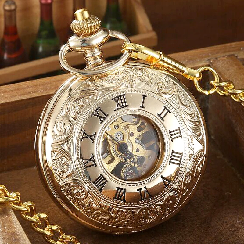 

Luxury Golden Mechanical Steampunk Skeleton Roman Numbers Top Pocket Watches Hand-winding Necklace Fob Chain Gift For Men Women