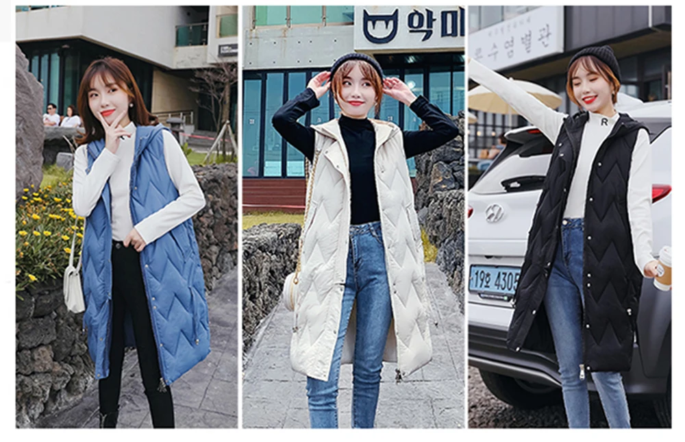 Vielleicht Winter Women Vest Casual Long Hooded Waistcoat Zipper Pocket Thicken Warm Sleeveless Sintepon Parka Vest For Female