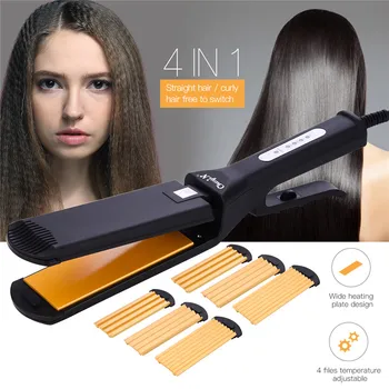 

CkeyiN 100-220V Interchangeable 4 in 1 Ceramic Hair Crimper Curling Corn Waver Corrugated Curler Straightener Flat Wide Plate