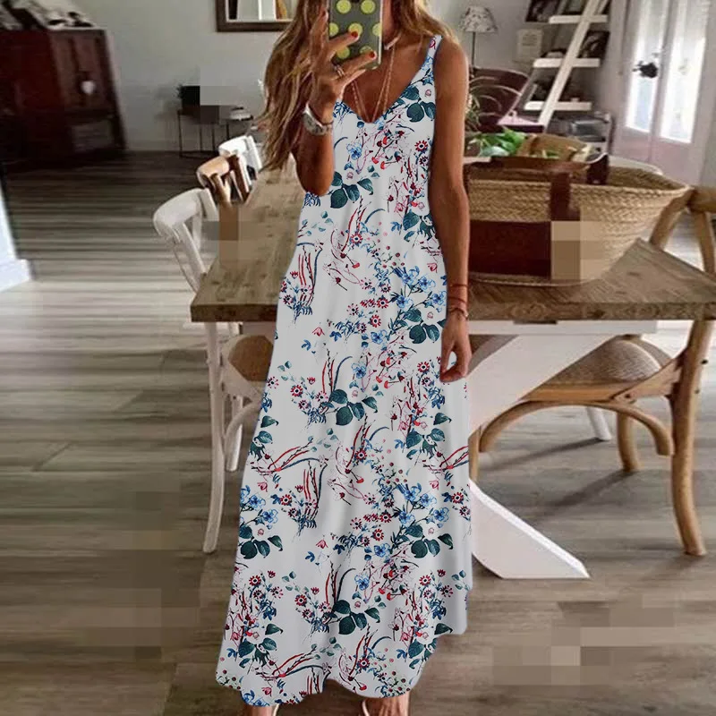 Sexy Maxi Dresses For Women Boho Print V-Neck Floral Sundresses Women Sleeveless Plus Size Dresses For Women 4xl 5xl Summer 2020