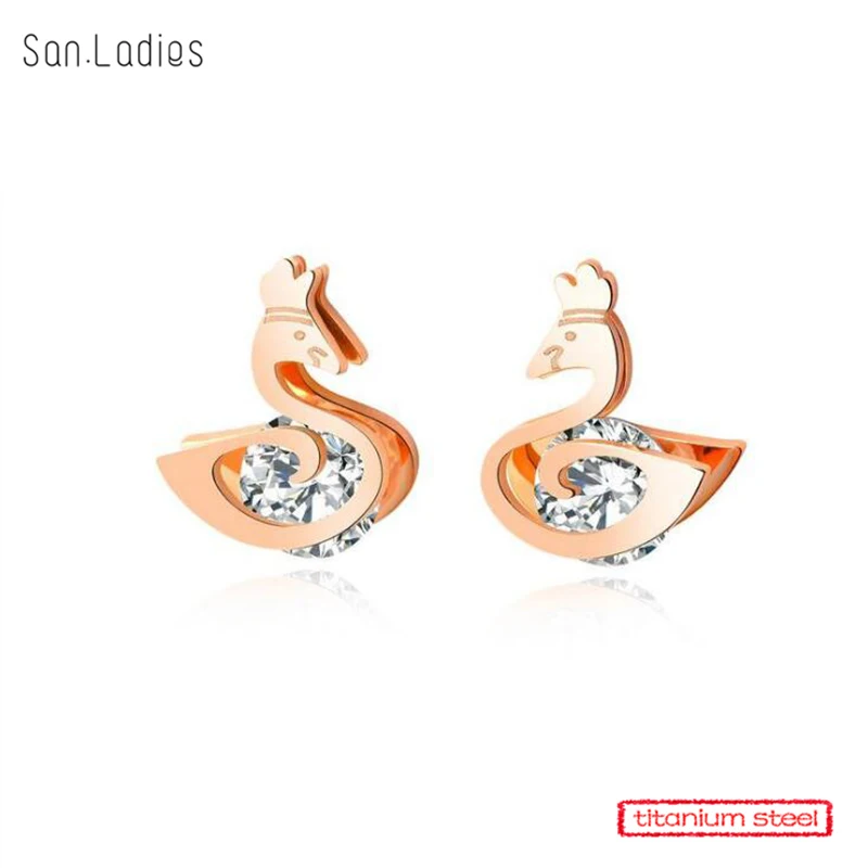 San.Ladies Brand Swan style 18KGP Rose Gold earrings women zircon ear stud women wedding gifts Titanium Stainless steel earrings
San.Ladies Brand Swan style 18KGP Rose Gold earrings women zircon ear stud women wedding gifts Titanium Stainless steel earrings