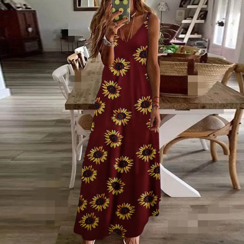 Sexy Maxi Dresses For Women Boho Print V-Neck Floral Sundresses Women Sleeveless Plus Size Dresses For Women 4xl 5xl Summer 2020