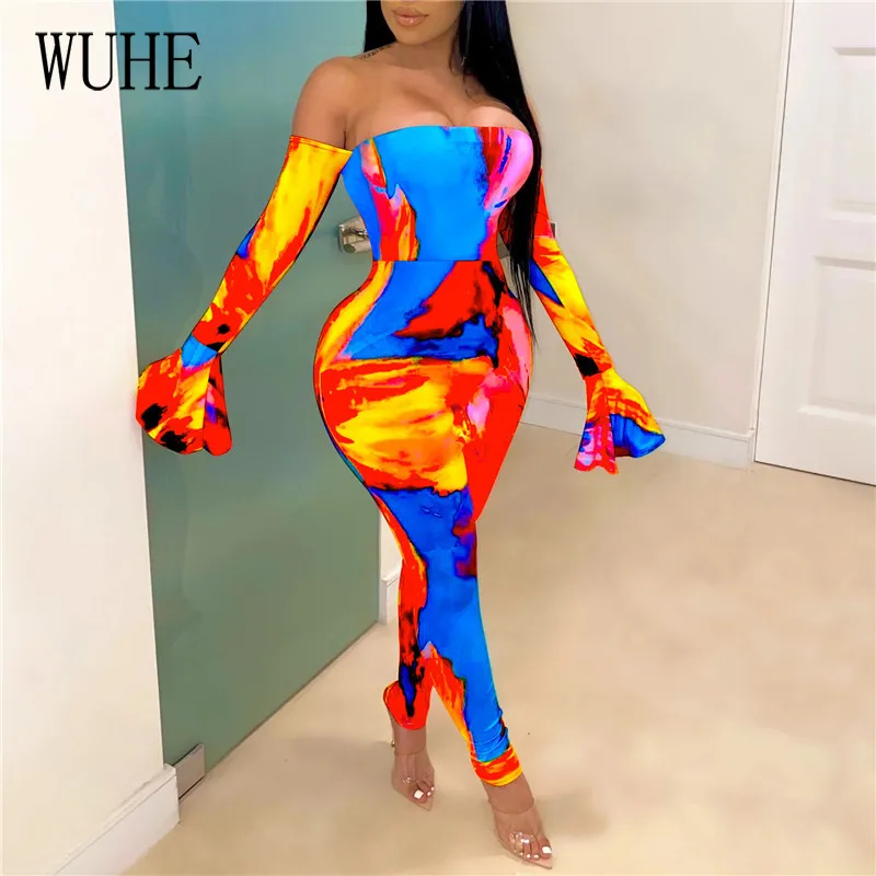 

WUHE Strapless Tie-Dye Print Bandage Flare Rompers Womens Jumpsuit Sexy Slash Neck Flared Sleeve Backless Bodycon Party Clubwear