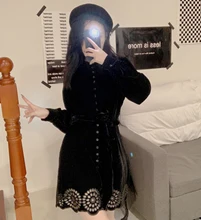 JUNWU Za Winter Women Black Velvet Noodles Round Neck Single-Breasted Long-Sleeved Belt Hollow Skirt Aline Dress Retro Style
JUNWU Za Winter Women Black Velvet Noodles Round Neck Single-Breasted Long-Sleeved Belt Hollow Skirt Aline Dress Retro Style