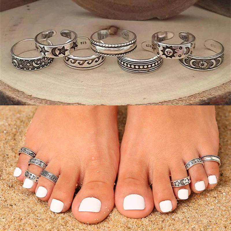 

7Pcs Retro Hollow Carved Star Moon Toe Rings Kits Bohemian Adjustable Opening Finger Ring for Women Boho Beach Foot Ring Jewelry
