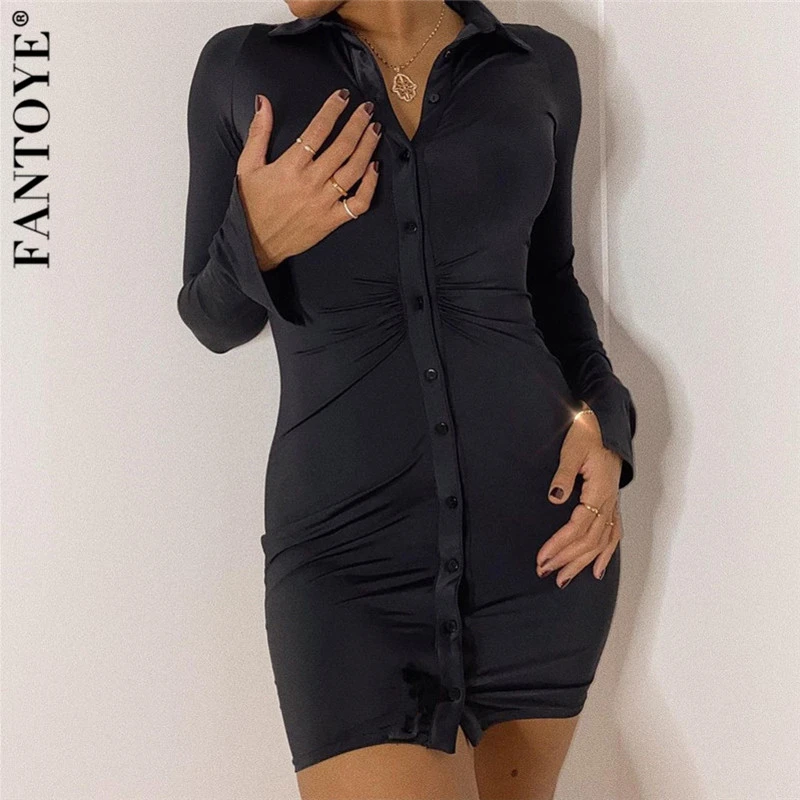 Фото Женское платье-рубашка Fantoye черное облегающее мини-платье с длинными рукавами и