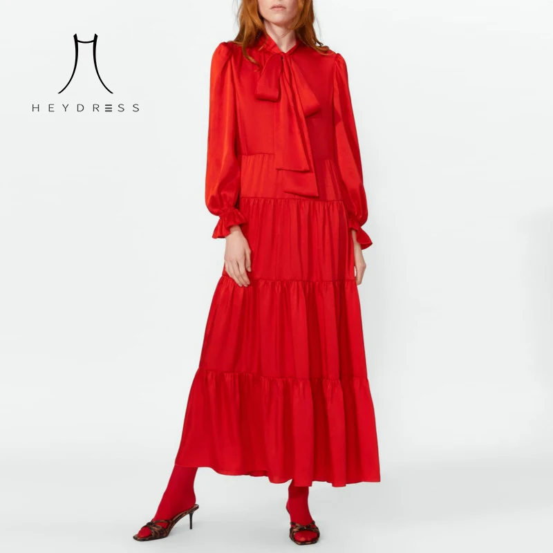 Heydress 2019 осень новое женское красное платье с оборками Платья-макси длинным