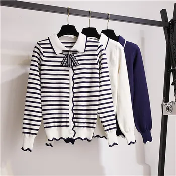 Striped Women's Sweater Pullover College Wind Doll Collar Bow Long Sleeve Sweater Stretch Autumn New Women's Sweater Wild Tops 
Striped Women's Sweater Pullover College Wind Doll Collar Bow Long Sleeve Sweater Stretch Autumn New Women's Sweater Wild Tops