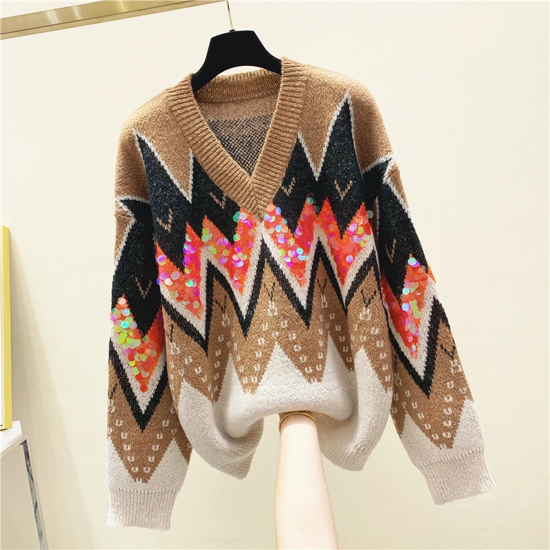 2020 Spring Autumn Color Panel Sequined Embroidered Sweater Women's V-neck Sweater Loose-Fit Lazy-Style Sequin Sweater Sweter
2020 Spring Autumn Color Panel Sequined Embroidered Sweater Women's V-neck Sweater Loose-Fit Lazy-Style Sequin Sweater Sweter