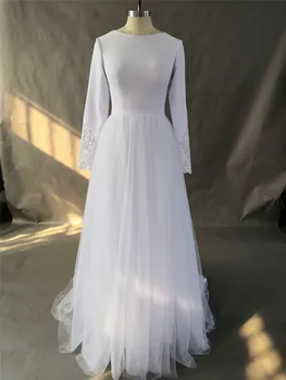 

Real Photo A-line Crepe Wedding Dress Modest Long Sleeves Clearance High Quality Cheap Bridal Gown White US2 US4 Ready to Ship