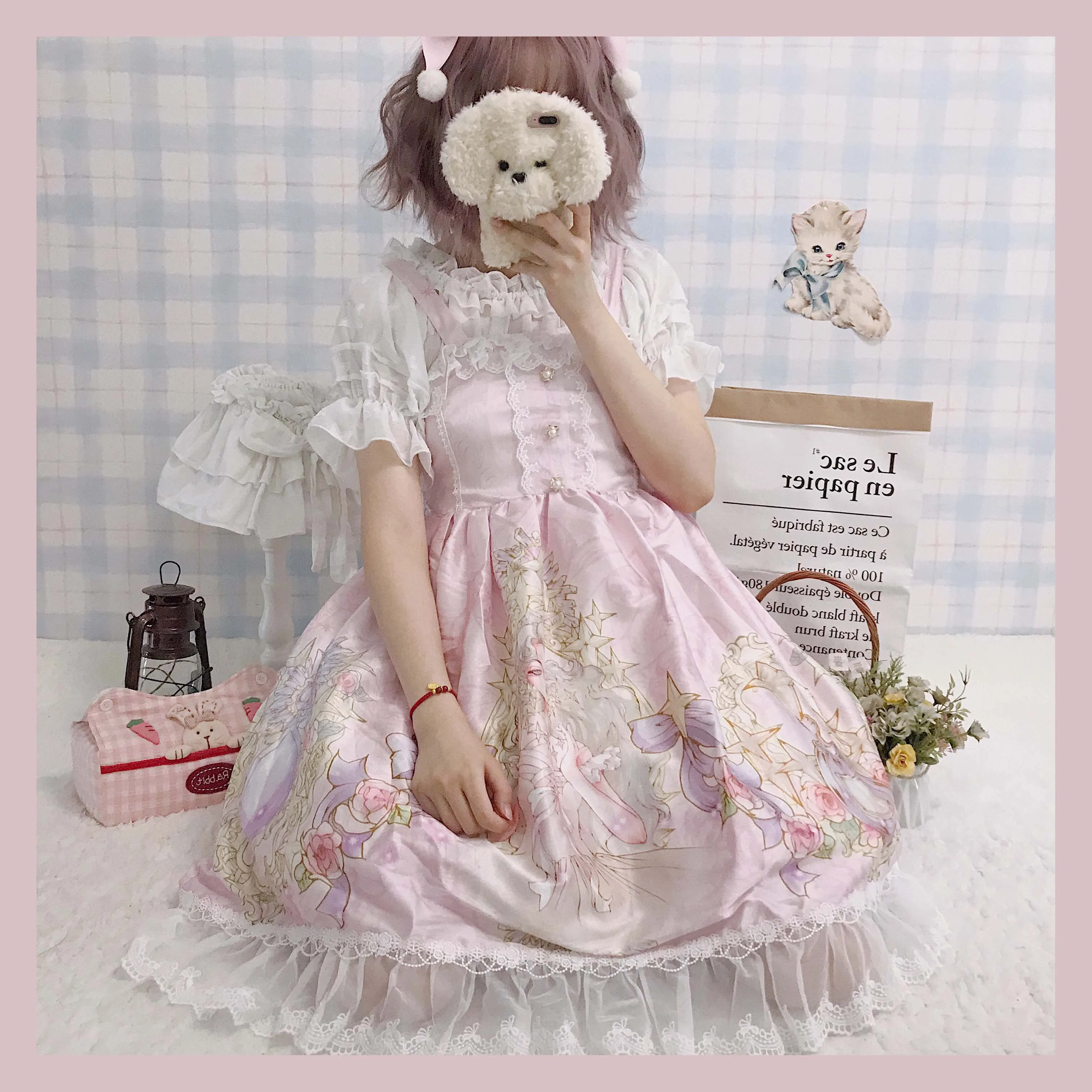 Kawaii японское платье лолиты мягкое милое красивое Сетчатое летнее с подтяжками