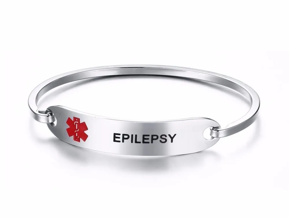 women Stainless Steel Medical Alert ID Bangle Bracelet Silver EPILEPSY 11