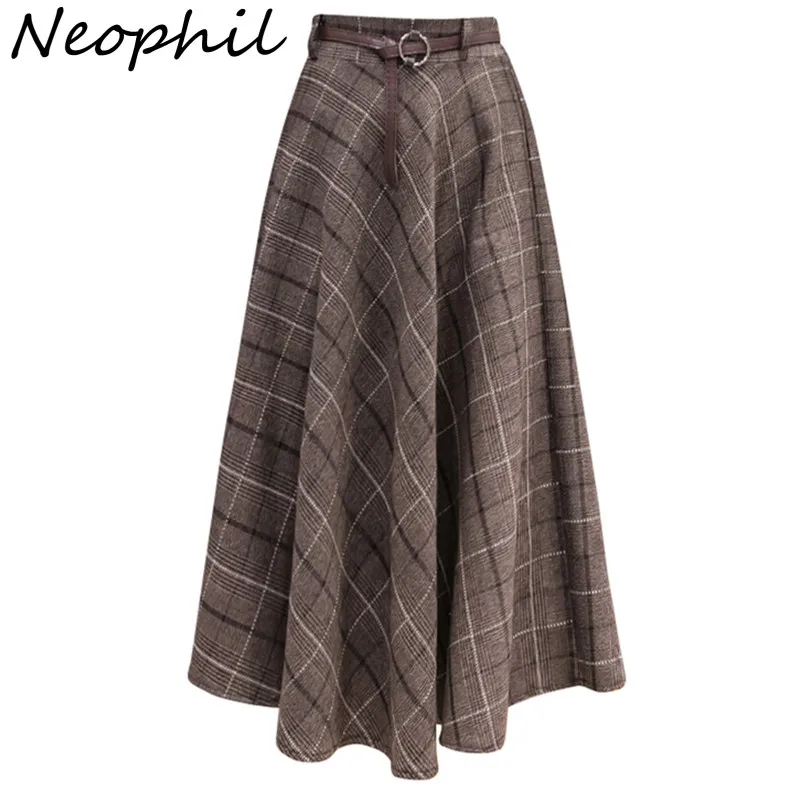 

Neophil 2023 Autumn Women Plaid Wool Midi Skirts Pleated Sashes England Style Vintage Warm A-Line Skirt Faldas Mujer Moda S23101