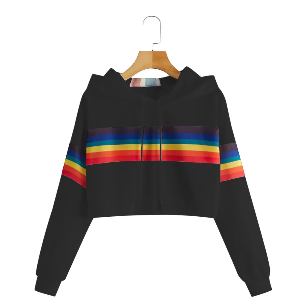 Jaycosin 2019 Fashion Autumn Women Rainbow Stripe Sweatshirt Stylish Long Sleeve Comfortable Female Casual Crop Blouse 930#10