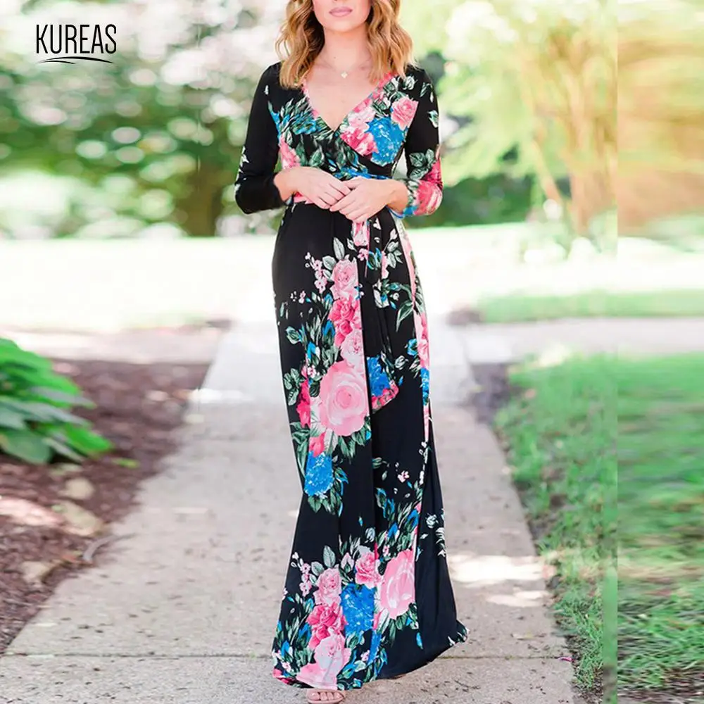 

Kureas Women Dress Autumn Floral Maxi Dress Slim Fit V Neck Cross Breasted Long Robe with Waistband Long Sleeve Casual