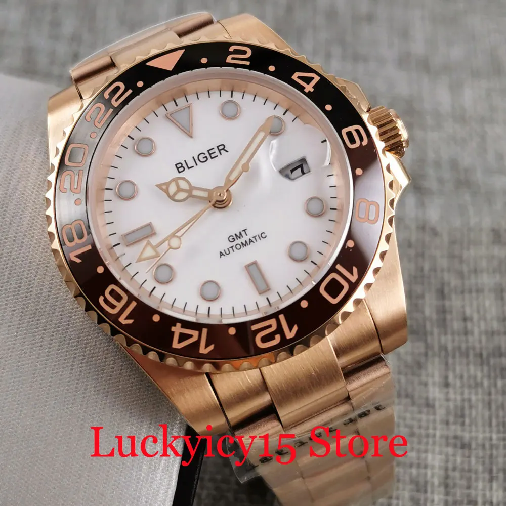 

Rose Gold BLIGER Automatic Men Watch Sapphire Glass GMT Hand Ceramic Bezel Deployment Clasp Date Window